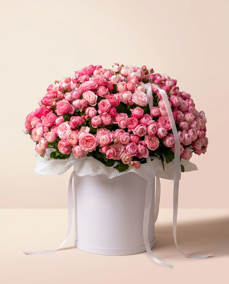 Pretty signature pink box arrangement with roses, carnations and tulips